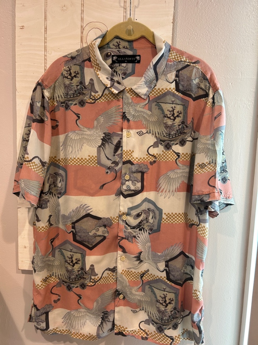All Saints Men’s Coral & Cream Crane Print Button-Up Shirt
